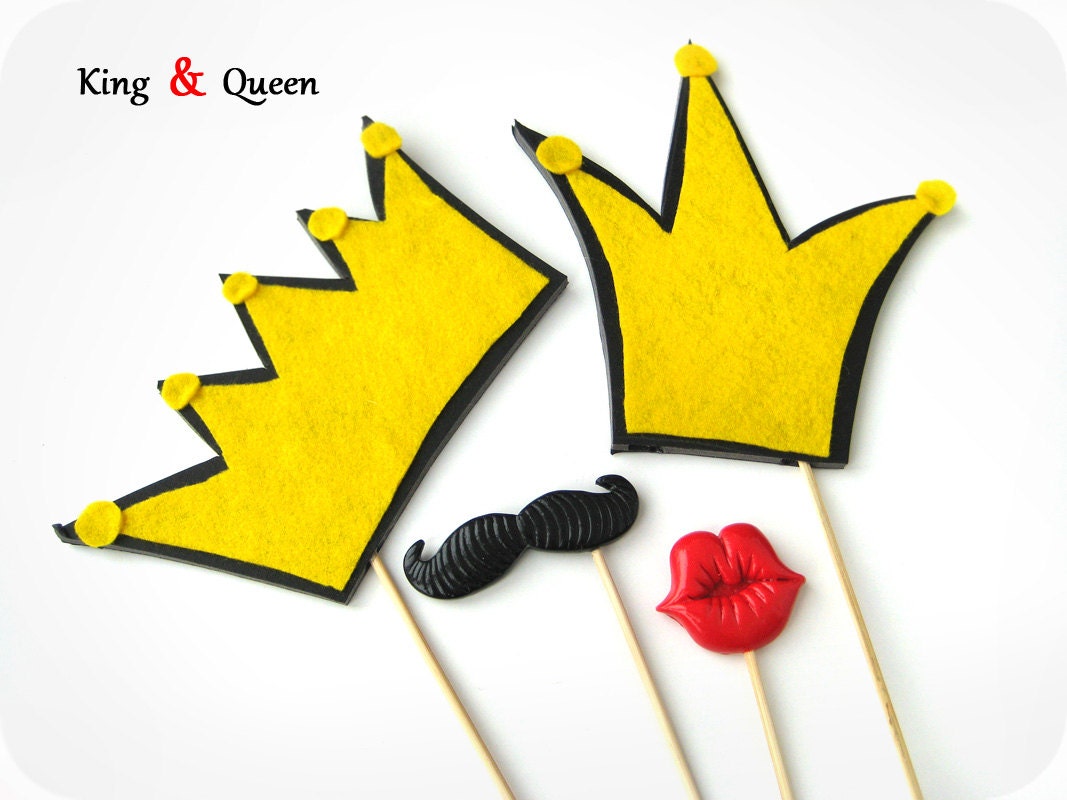 Photo Booth - King and Queen crowns, mustache and lips photo booth prop - Photo Booth Prop  - Wedding photo booth prop set