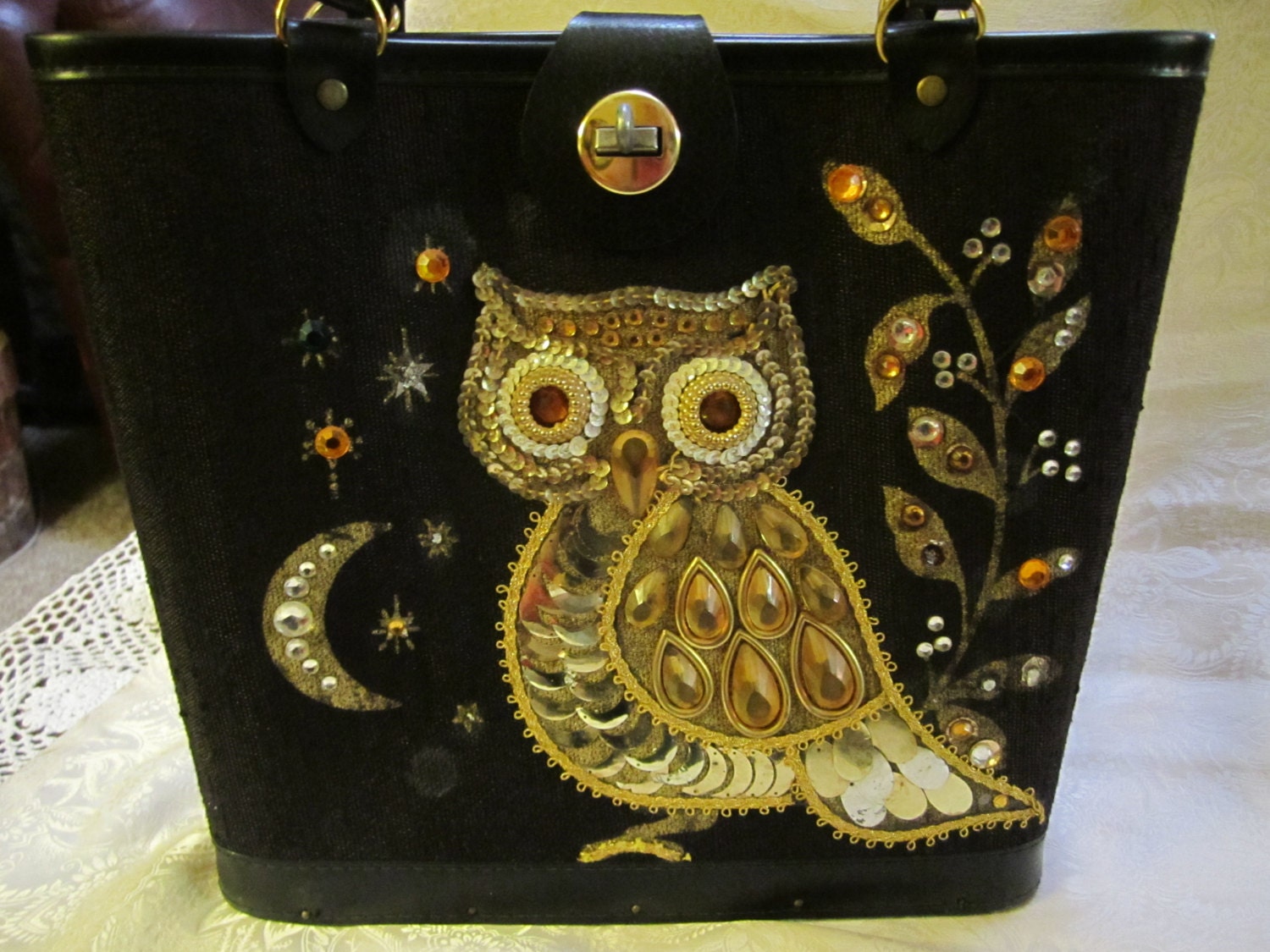 Jeweled Owl Purse Black and Gold from the 1960s