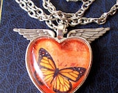Heart Pendant (N178) - Steampunk Necklace - Silver Wings - Vintage Artwork Under Glass Cabochon -  Monarch Butterfly