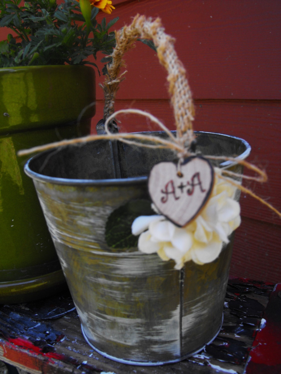 Flower Girl Basket Alternative Distressed Personalized Tin Bucket Rustic Woodland Outdoor Country Chic Wedding