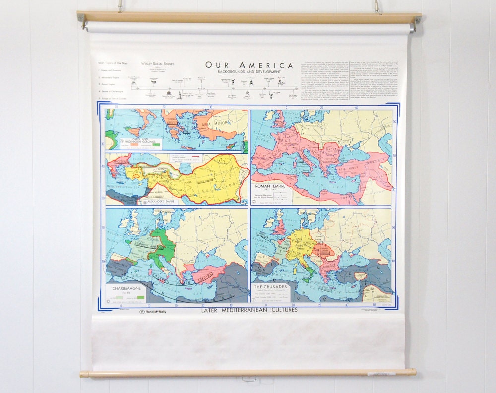 Vintage 1980's Ancient History Pull Down Classroom Map - Later Mediterranean Cultures