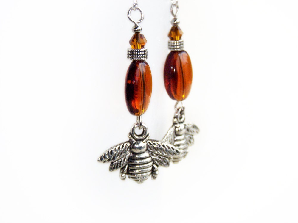 HONEYDROPS - Amber Drop and Silver Honey Bee earrings