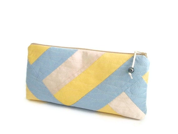 Blue Yellow Chevron Wedding Bridesmaids Clutch Cosmetic Bag Personalized Gift for Her