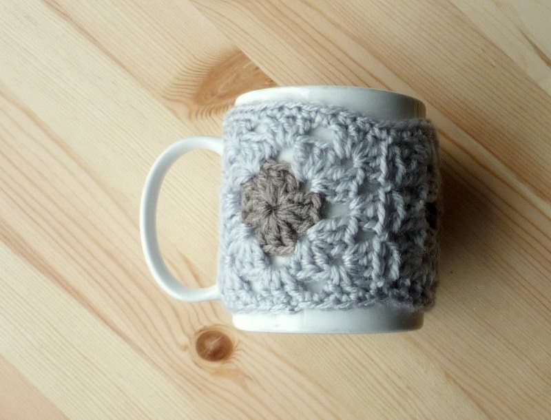 Cup Cozy, Pale Blue and Brown Granny Squares, Crochet Mug Cozy, Handmade Housewares