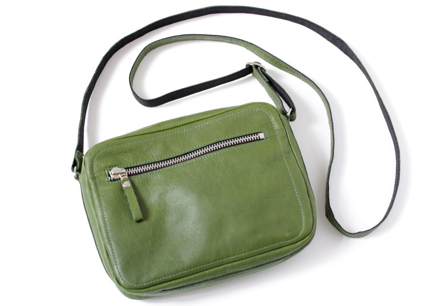 Genuine Leather Double Zipper Crossbody Bag in Green Moss, adjustable strap with black detailing, Medium, handbag, shoulder bag, purse