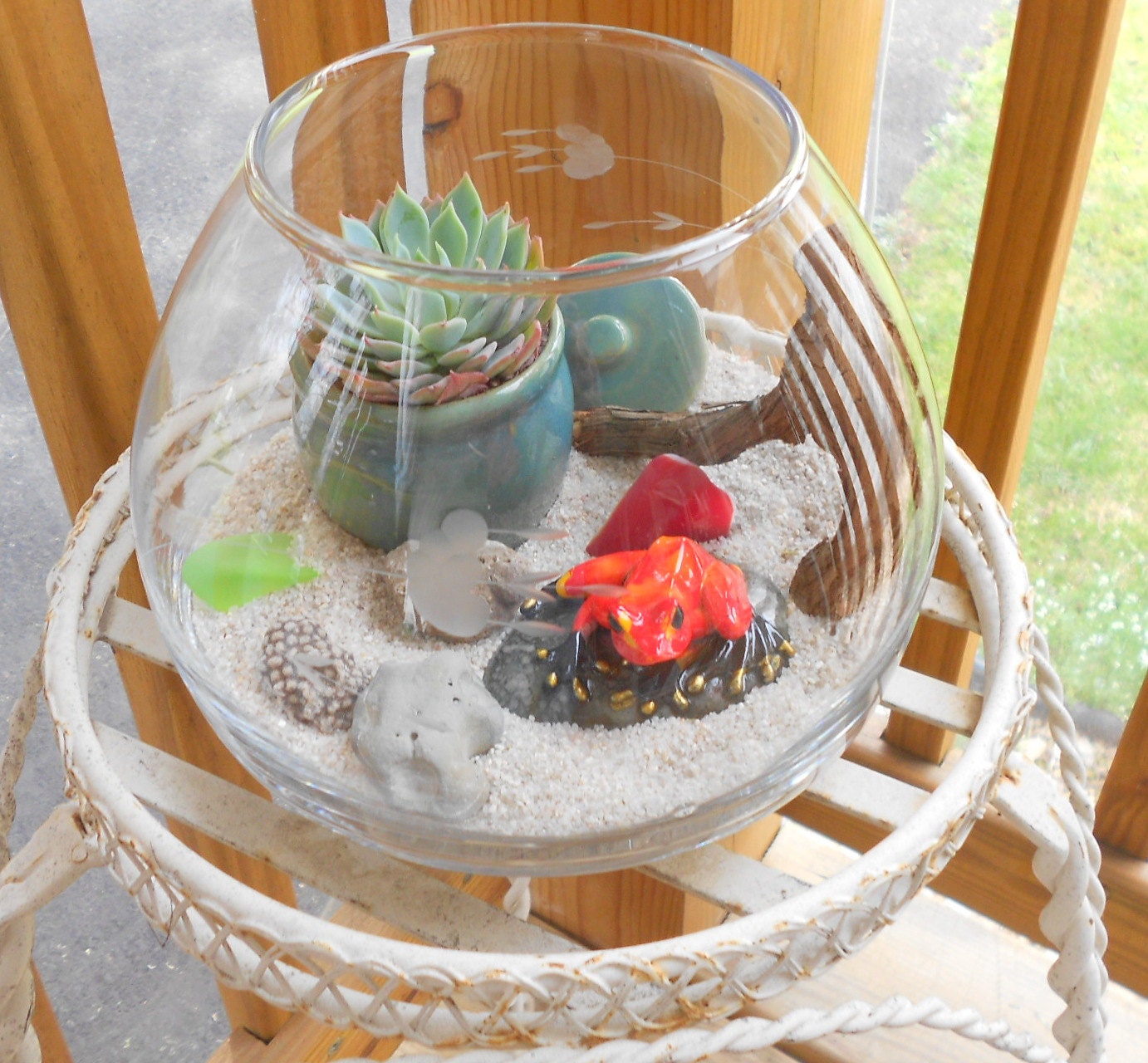 Succulent Terrarium,  Succulent Garden with Frog, Real Sea Glass, Ancient Coral, and Antique Pot