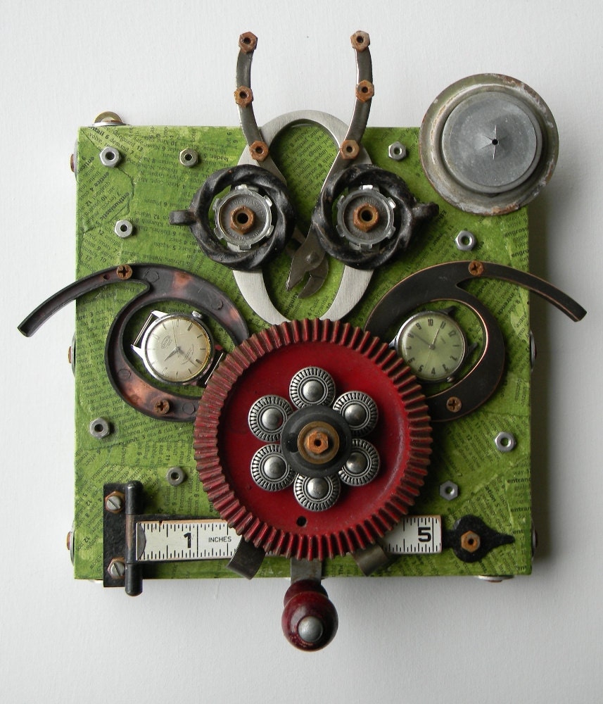 Recycled Art Assemblage  -  "Owl (Numbers)"   - Original Mixed Media