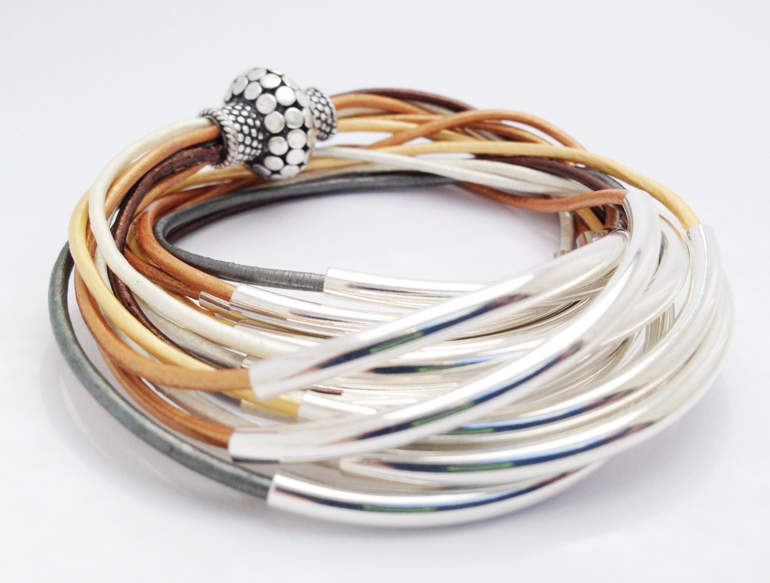 Bracelet---Metallic Leather with Silver Tube Accents