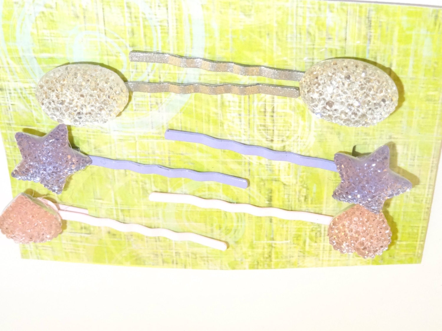 Bobby Pins Set Pink Heart Lilac Star Silver Ball rhinestones Spring accessory