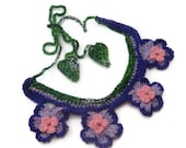 Violet Blossom Necklace, Crochet Bib Necklace, Fiber Necklace, Green Leaves Necklace, free form