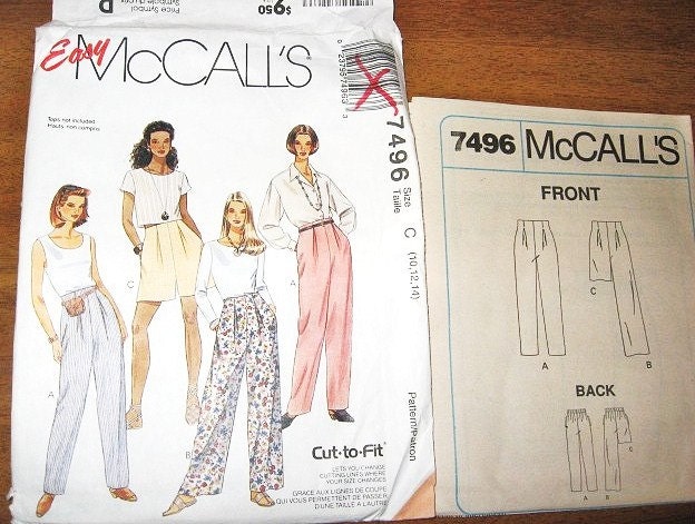 Cut to Fit Pull on Pants Shorts Wide Palazzo or Slim Leg Pockets Women's McCall's Easy Sewing Pattern 7496 Waist 25 26.5 28 Factory Folds