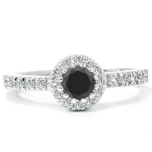 1.00 ct Black & White Diamond 14K White Solid Gold Bridal Engagement HALO Ring