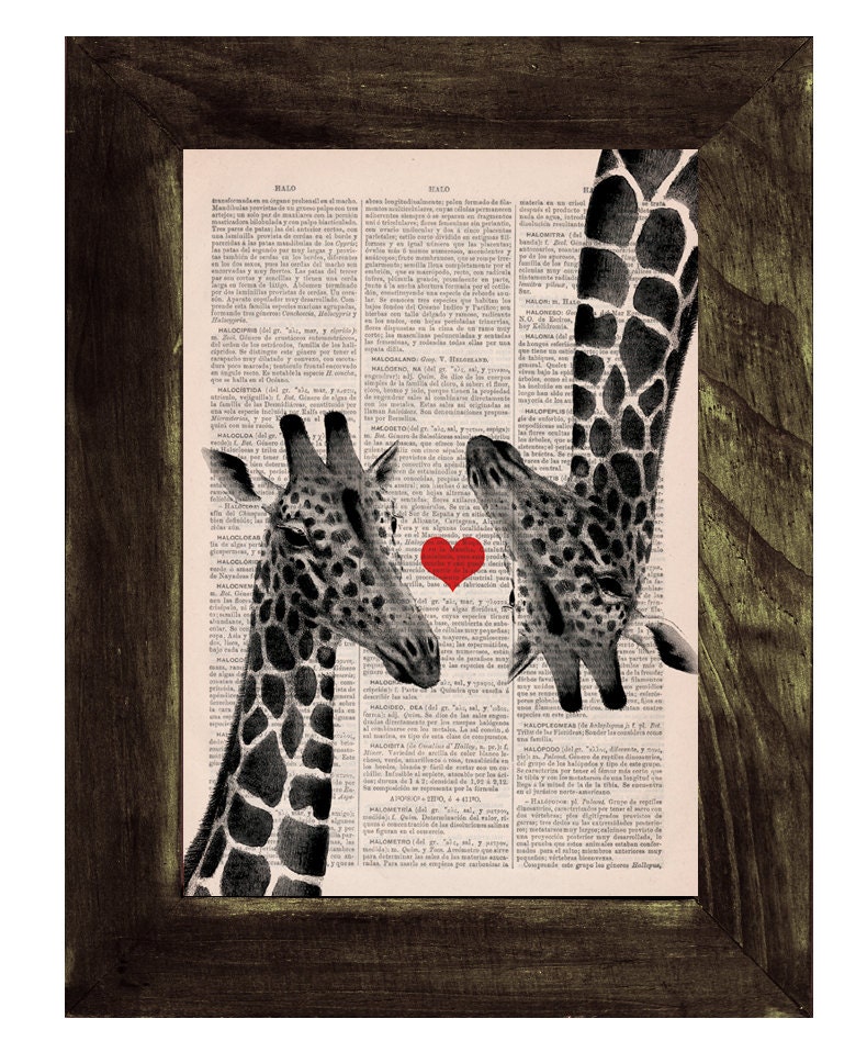 Vintage book print Giraffes in love  Red heart Printed on Vintage Book sheet - Nursery wall art