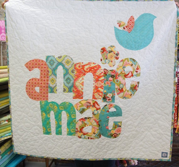 The Original Personalized Quilt 50 x 50, Baby Quilt, Raw Edge Applique Quilt, Name Quilt