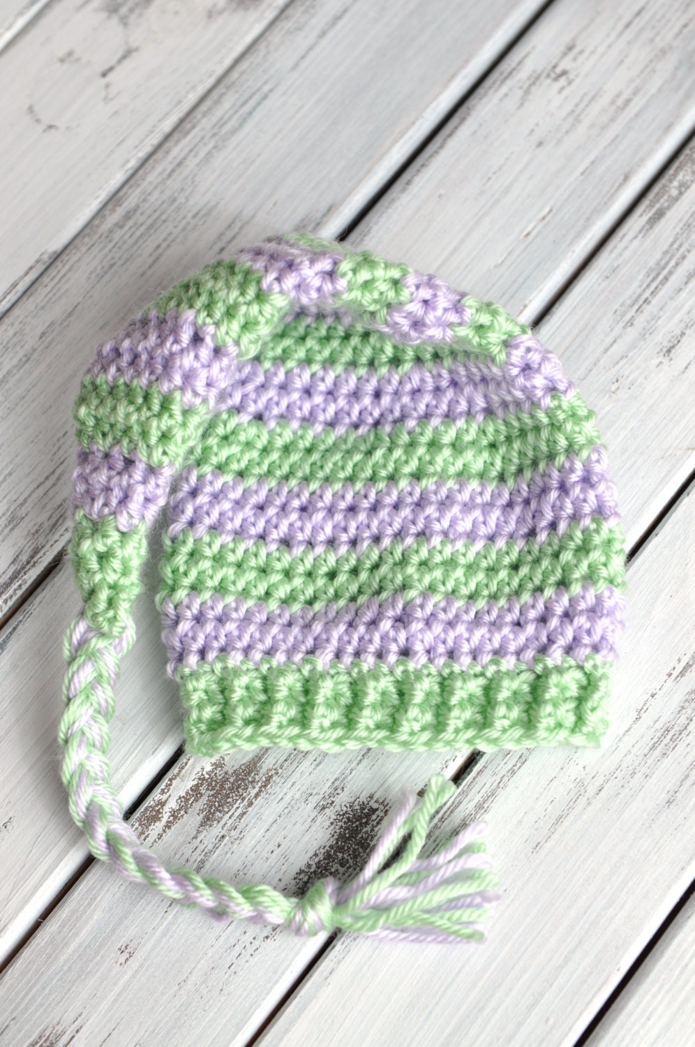 Long braided tail mint green and lilac striped crochet newborn baby girl boy unisex elf hat photography prop - ready to ship