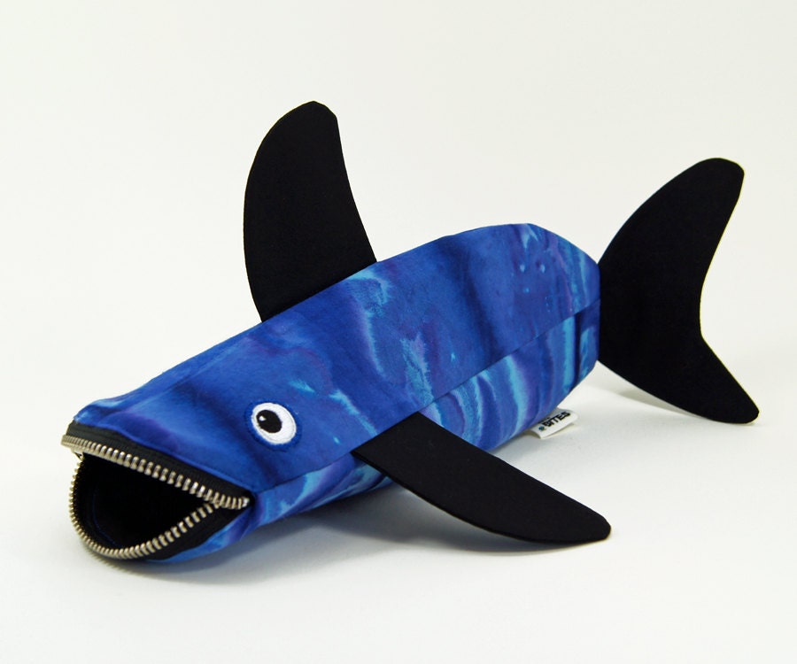 Shark Pencil Bag by MinneBites / Handmade Pencil Case - Toy Bag - Boys Gift - Tie Dyed Blue - Fish Bag - Kids Art Storage, ready to ship