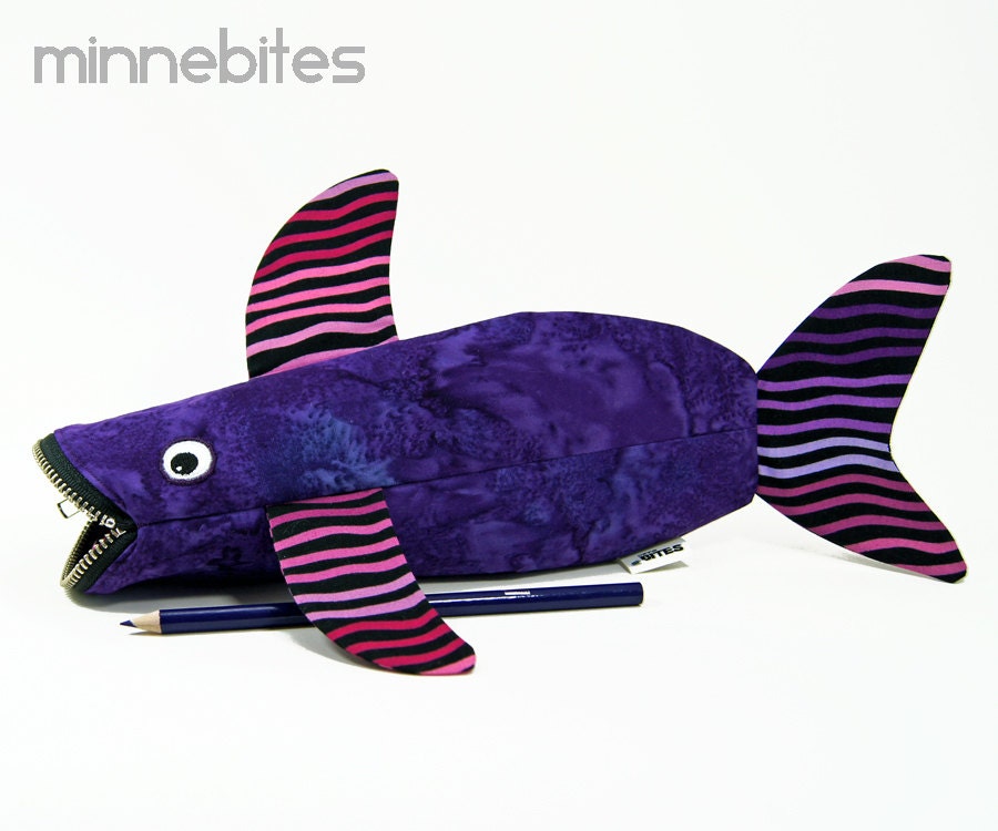 Shark Bag by MinneBites / Handmade Fish Pencil Case - Purple Bag - Desk Organizer - Desk Accessory - Purple Purse Organizer, ready to ship