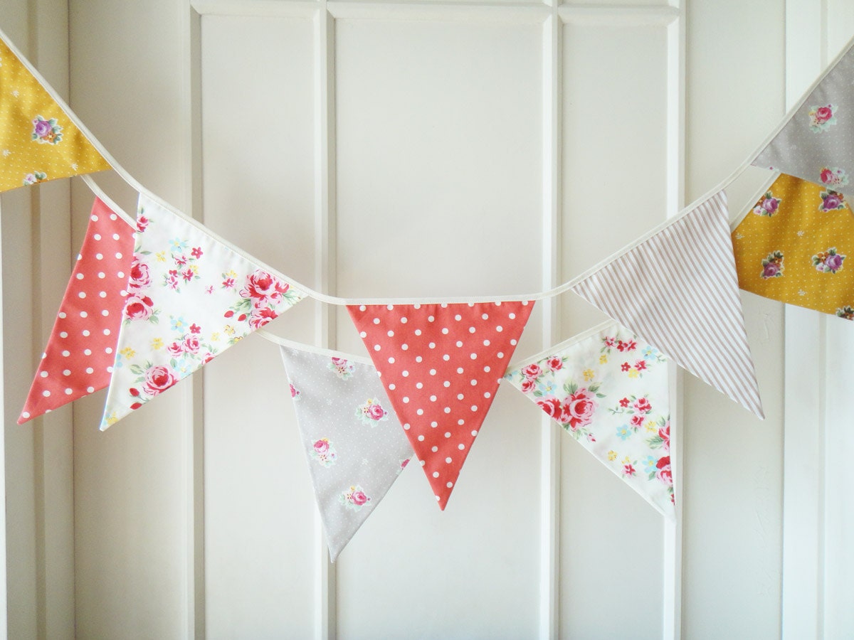 Mustard Yellow and Red Bunting Flags, Fabric Banners, Wedding Bunting, Floral, Roses, Stripes, Polka Dots - 3 yards