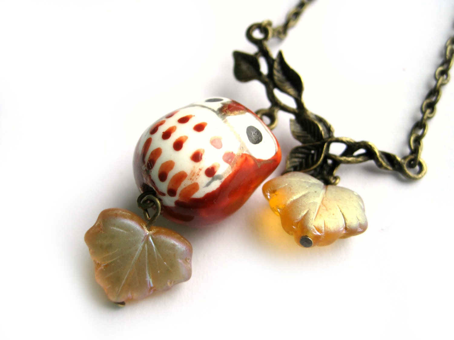 Owl on a branch necklace - Owl, woodland, hoot, branch, leaves - deep orange, yellow, rust, gold, mustard - glass leaves, porcelain bead