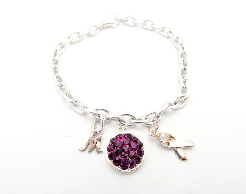 Silver Charm Bracelet - Personalize Purple Cancer Bracelet with Swarovski Crystals and Initial Bracelet