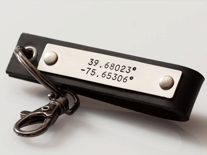 Mens Accessories Keychain - Leather Latitude Longitude key chain - Handmade Gift For Men
