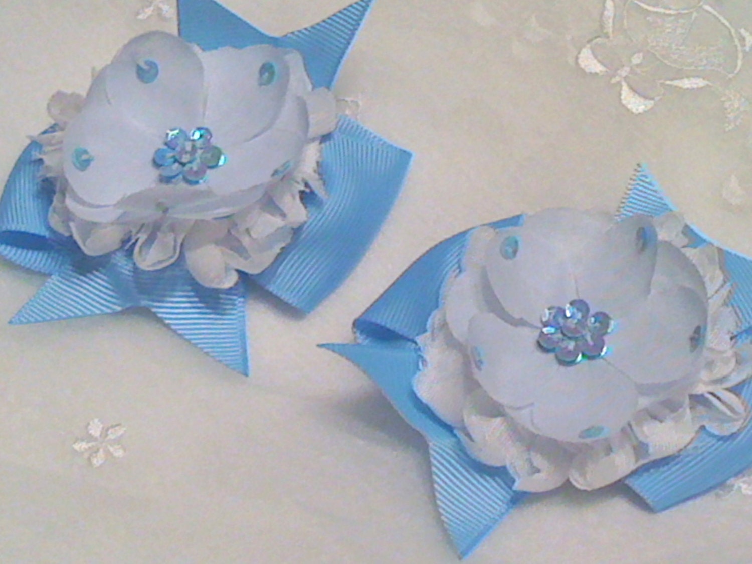 Girls Hair Bow Baby handband clip Blue with lined alligator clip flower Trim 2 per Set
