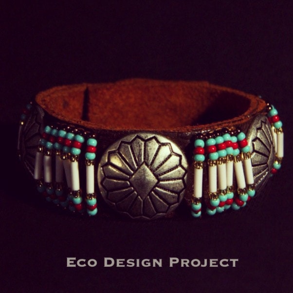 FREE SHIPPING US, Native American inspired handmade beaded metal button leather bracelet,tribal,southwestern,boho,hippie style,brown