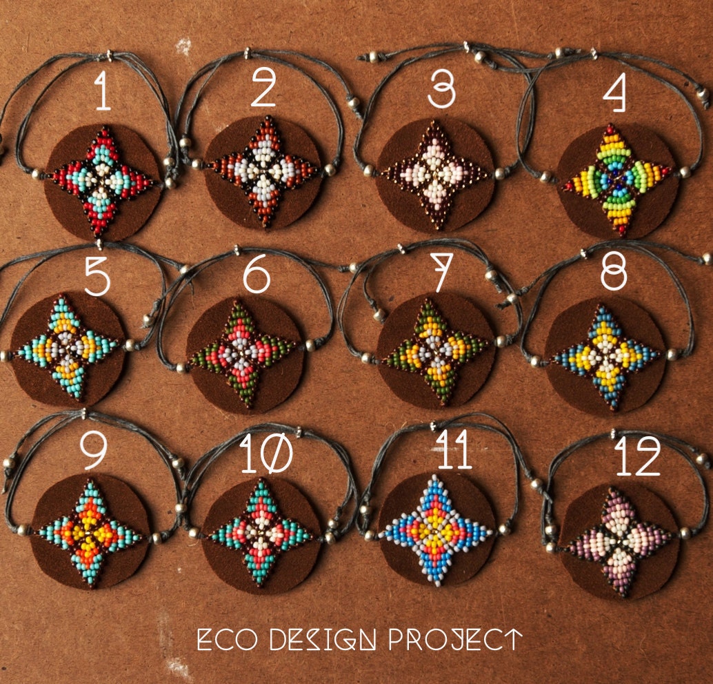 FREE SHIPPING, handmade 4 points star beaded leather bracelet,boho,native American inspired,,hippie,beadwork
