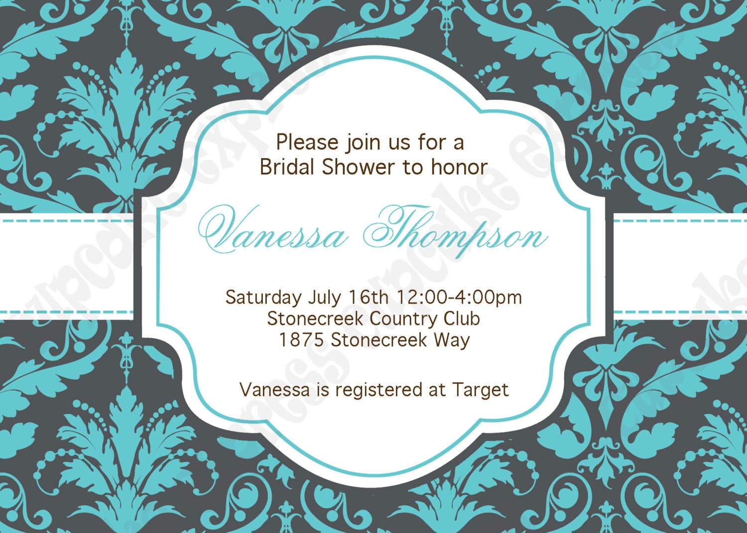 DIY Bridal Shower grey and teal PRINTABLE Invitation 5x7 damask Il_570xn