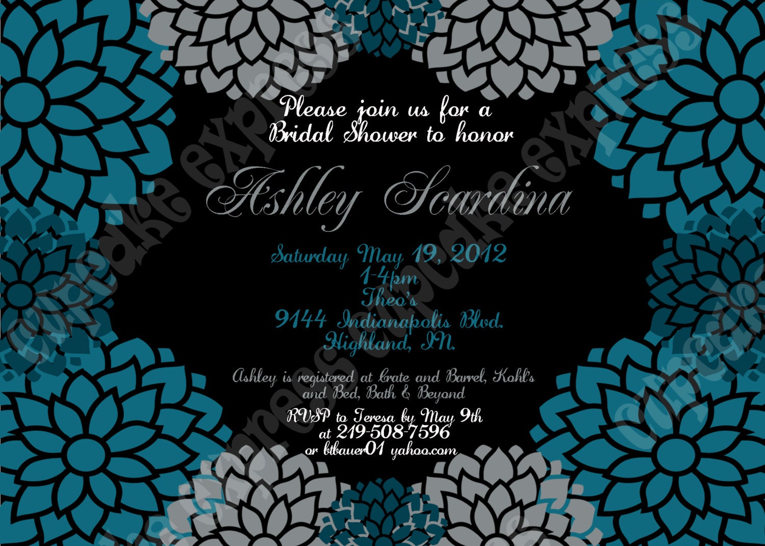 DIY Bridal Shower Black Teal Flower PRINTABLE Invitation 5x7 black teal turquoise wedding shower Il_570xn