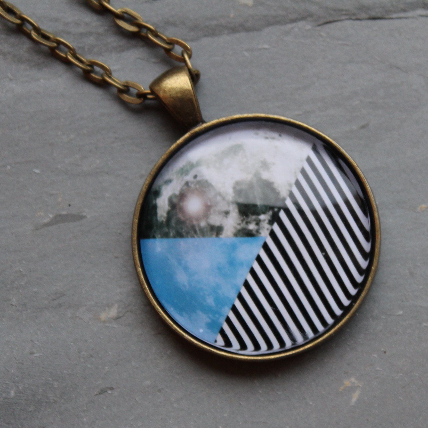 Full Moon Geometric Large Pendant Necklace - Wanderlust Collection - Valentines Day, Galaxy, Universe, Outer Space