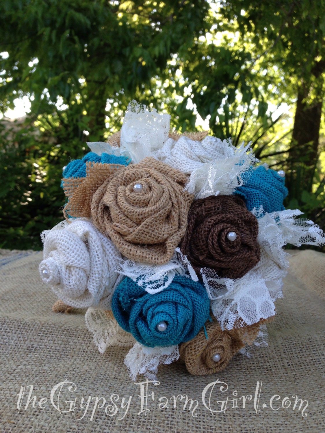 Ready to Ship Turquoise Burlap and Lace Bride's Bouquet Wedding Arrangements with Fabric Flowers