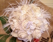 Custom Order for Lowrance1 -  Burlap, Lace, Feathers, and Pearls Rustic Chic Wedding Bouquet
