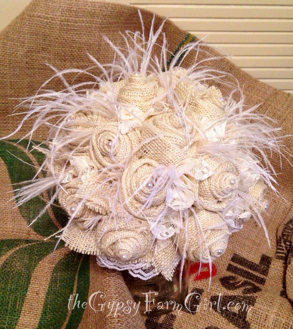Custom Order for Lowrance1 -  Burlap, Lace, Feathers, and Pearls Rustic Chic Wedding Bouquet