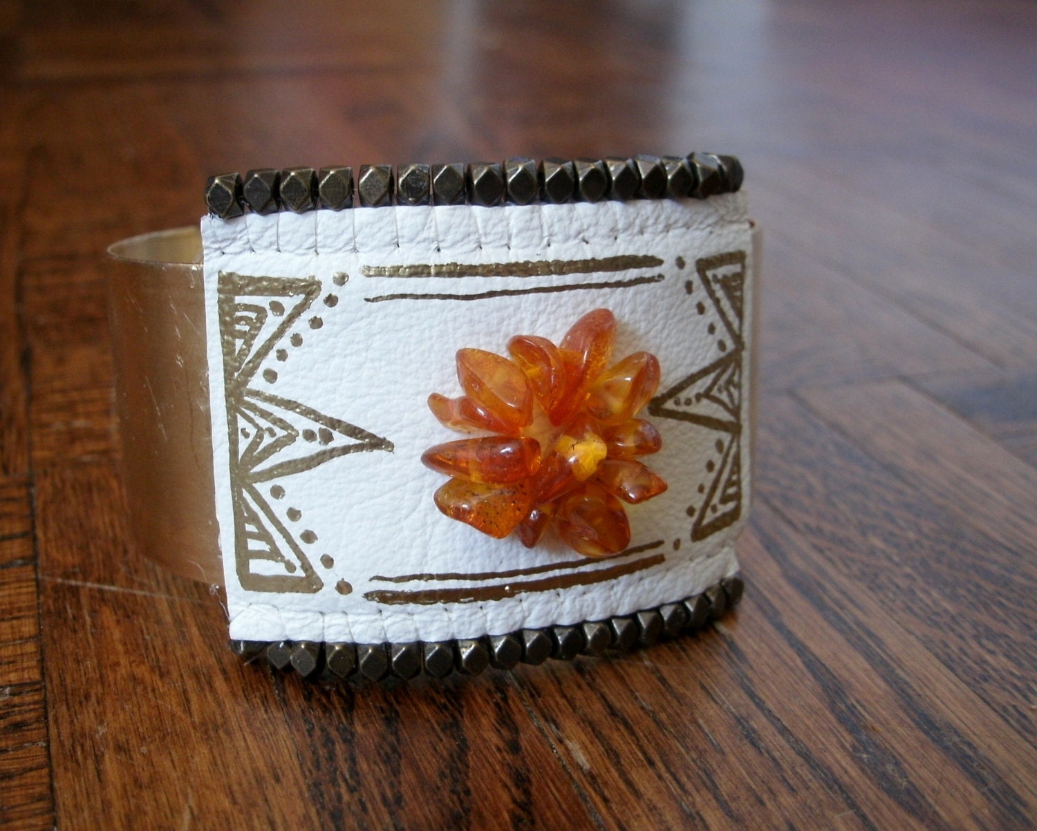Cuff bracelet - leather and vintage amber cuff bracelet - brass cuff - handmade jewelry - Boho Chic