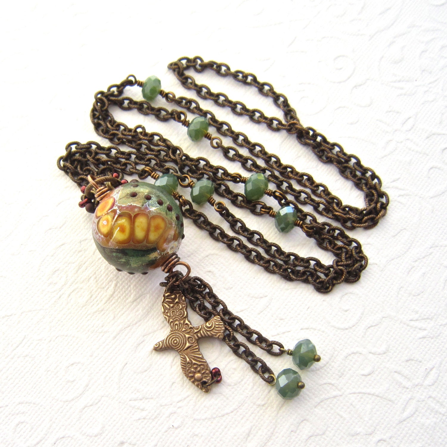 Lampwork pendant, Bronze bird necklace, Beaded necklace, earthrones necklace, Handmade necklace