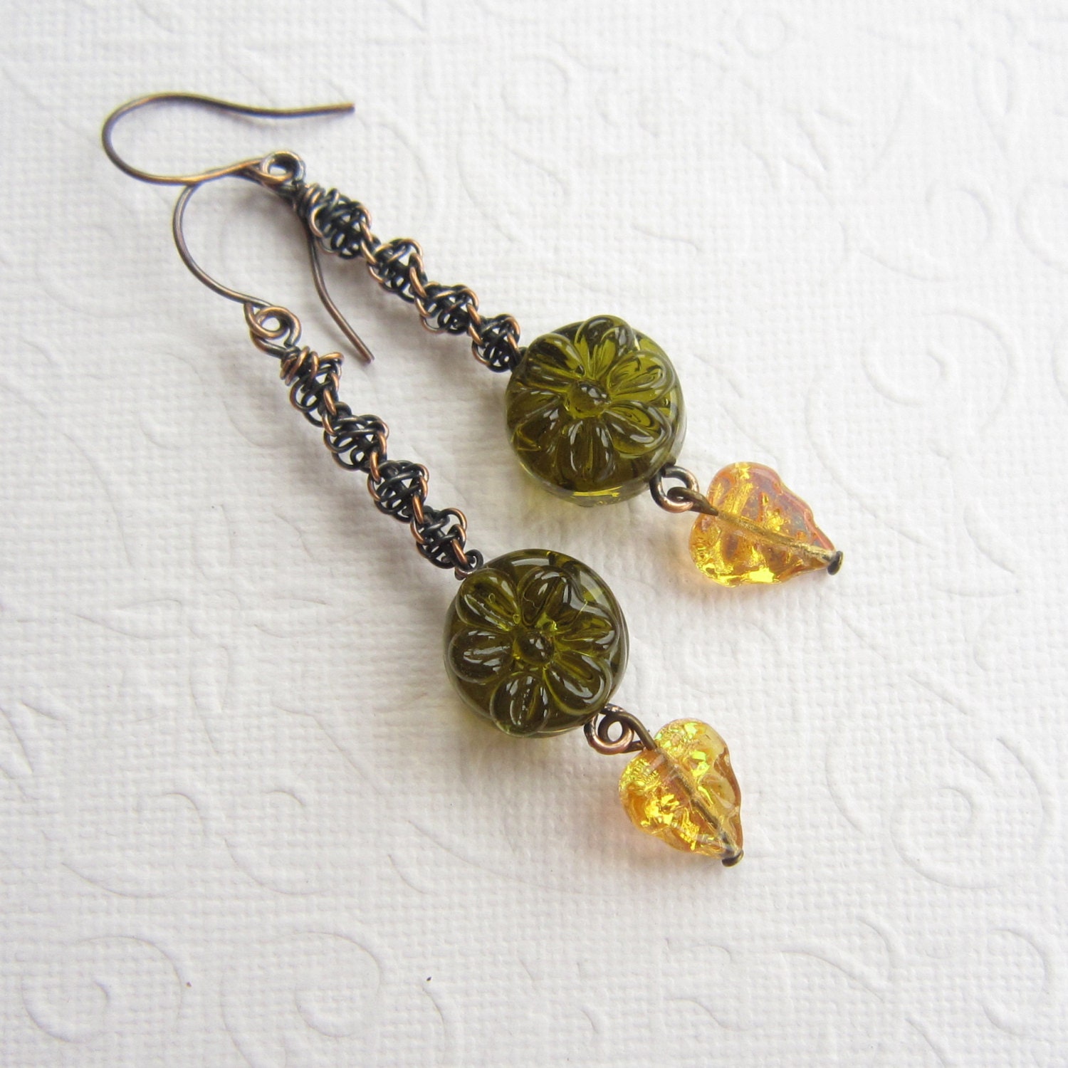 Wire macrame  earrings, beaded bronze earrings, Lampwork earrings, green earring