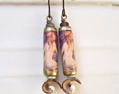 Mermaid earrings, shell earrings, paper bead earrings, mixed media earrings