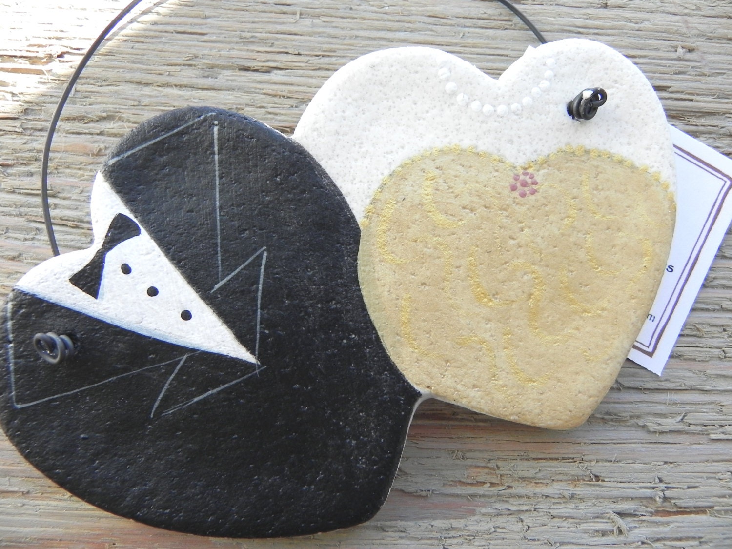 Double Heart Champagne Gold Bride and Groom Salt Dough Wedding Ornament