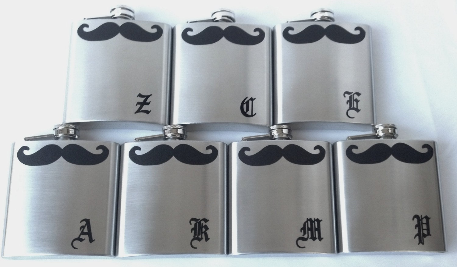 Groomsman gift mustache flask, 6 ounce, stainless steel personalized flask. Olde English monogram