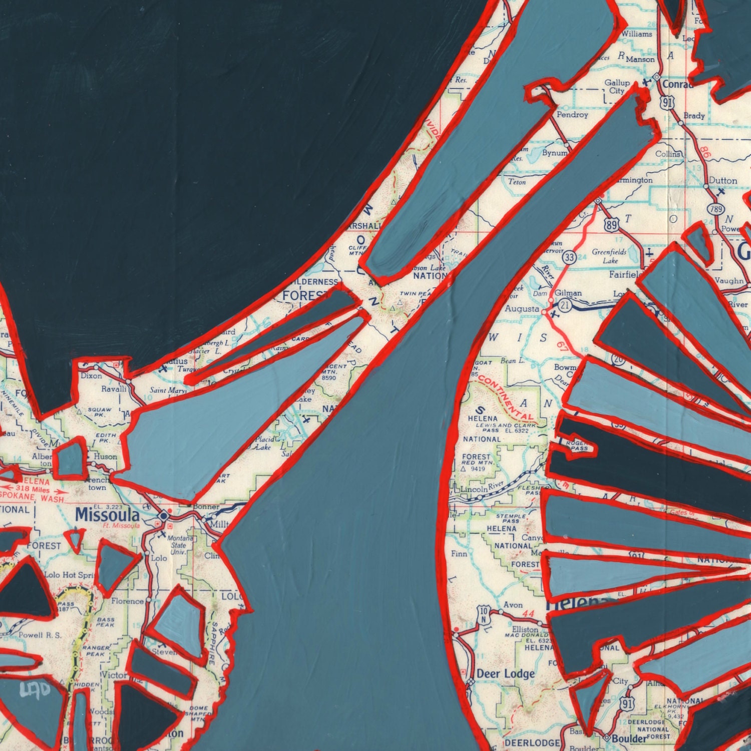 Bike Missoula, Montana-print of map painting with bike