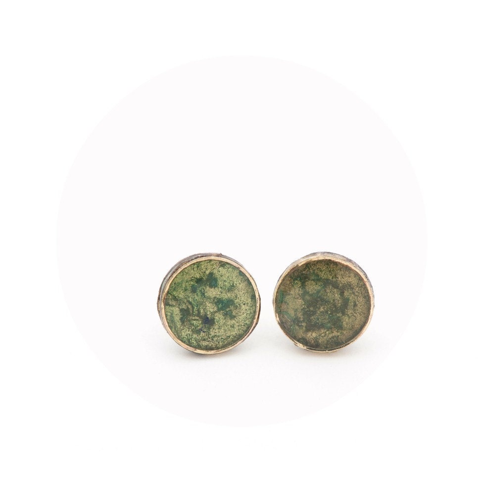 Olive Green Studs, Small Paper Earrings, Round Golden Green Post Earrings - efratim