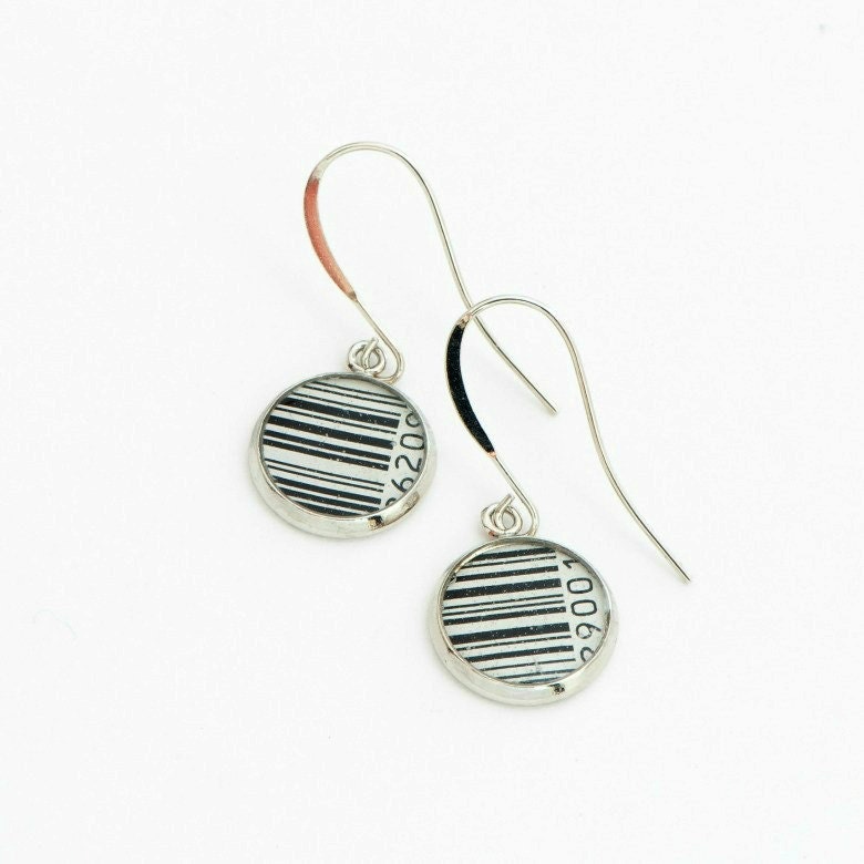 Barcode Drop Earrings, Silver Dangle Earrings, Recycled Paper Jewelry, Black and White Stripes Earrings, Eco Jewelry, Green Gift