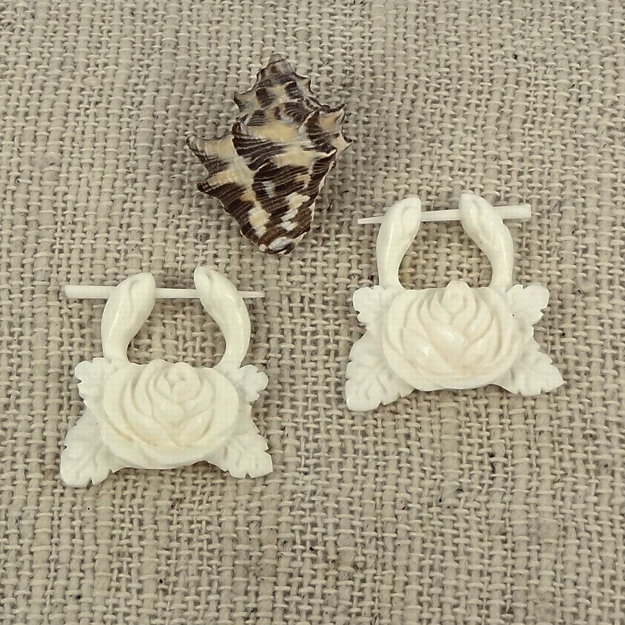 Bone Earrings - 1-Pair - Blooming Rose Hoops - Organic Bone Stick Earrings - Fake Gauge Organics