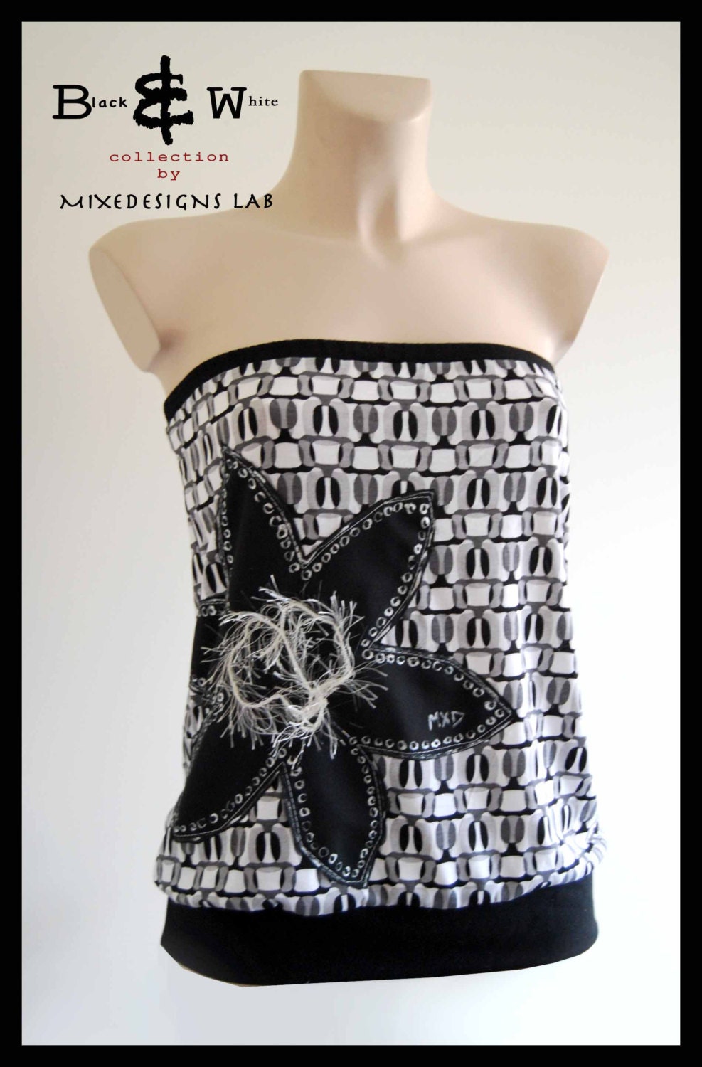Womens Black & White geometric strapless top w/ black flower -  by MiXeDesigns lab