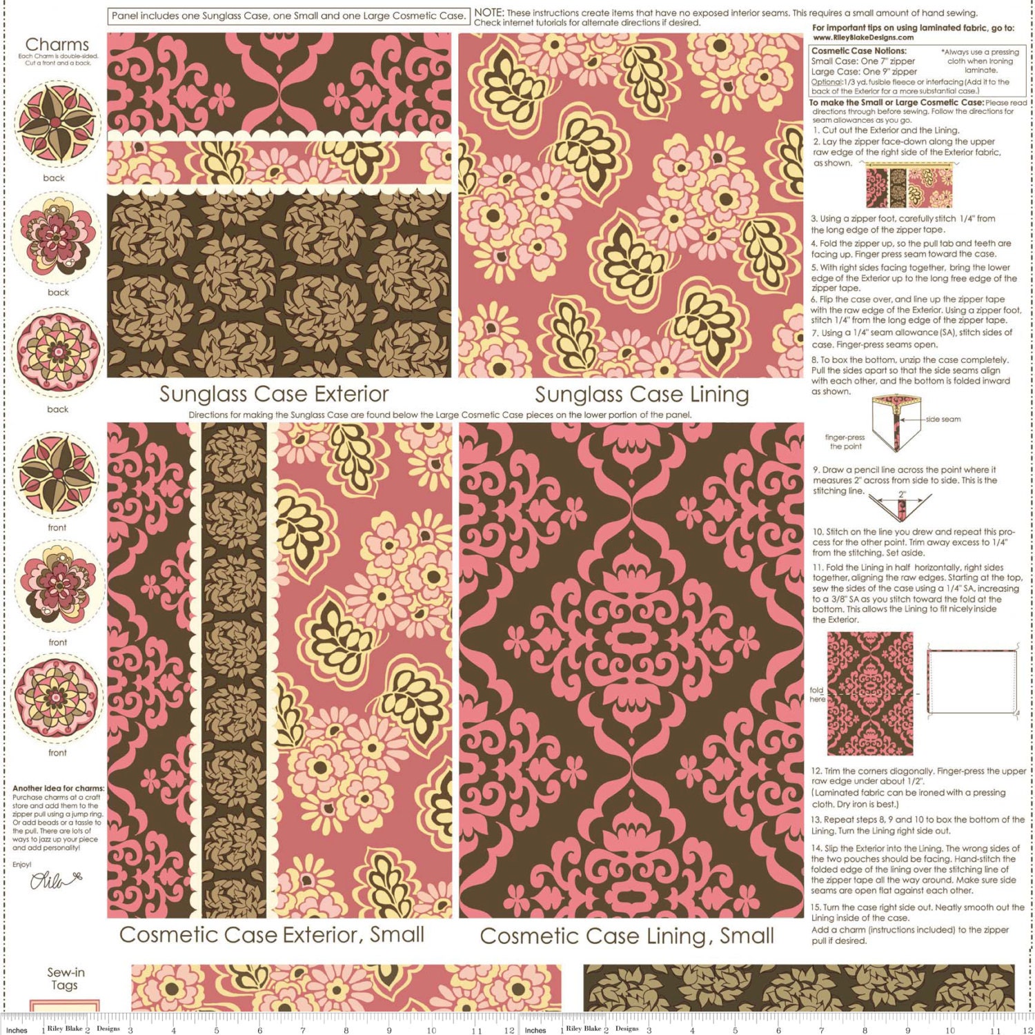 Fiona's Fancy Fabric by Lila Tueller Designs for Riley Blake, 1 Blush Panel 24"x44"- Pattern & Fabric for Sunglasses Case and Cosmet