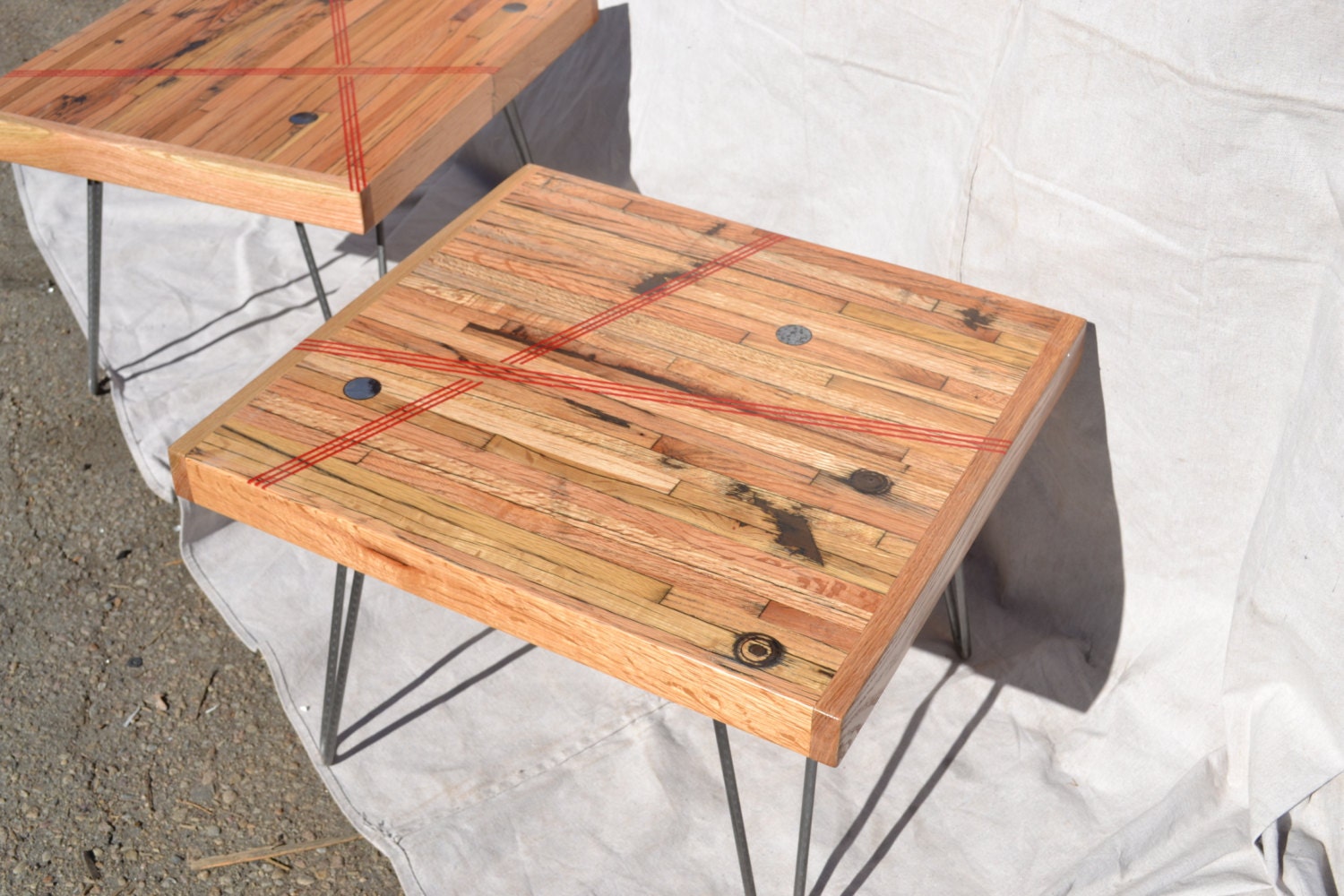 Reclaimed Oak Side Table: Salvaged Box-Car With Red Resin Inlay