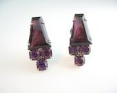 Art Deco Rhinestone Earrings Large Geometric Amethyst Glass Clips 1940s Jewelry