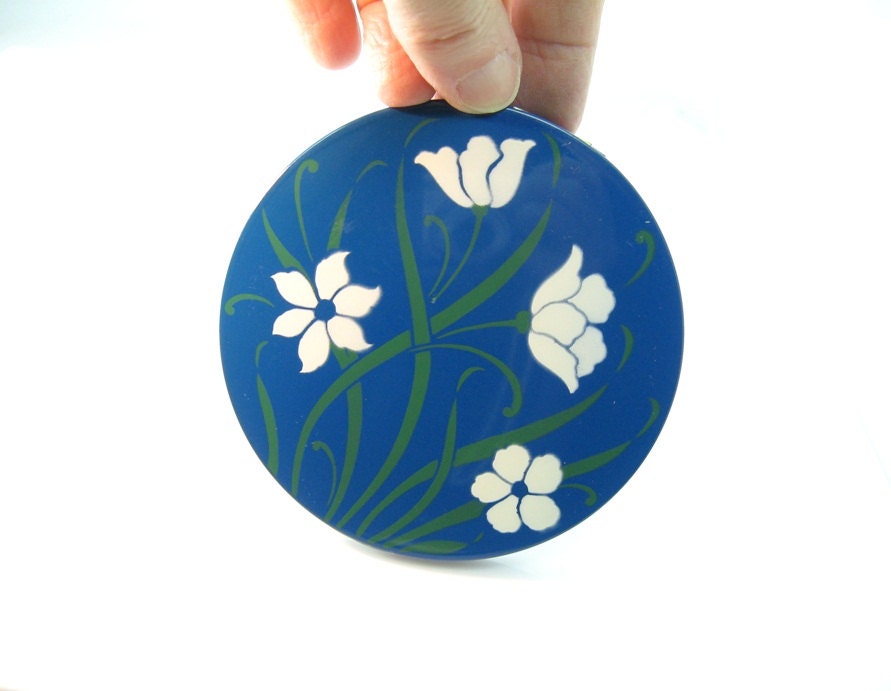 Rex Fifth Avenue Vintage Compact Flapjack Blue Enamel Green White Floral 1940s
