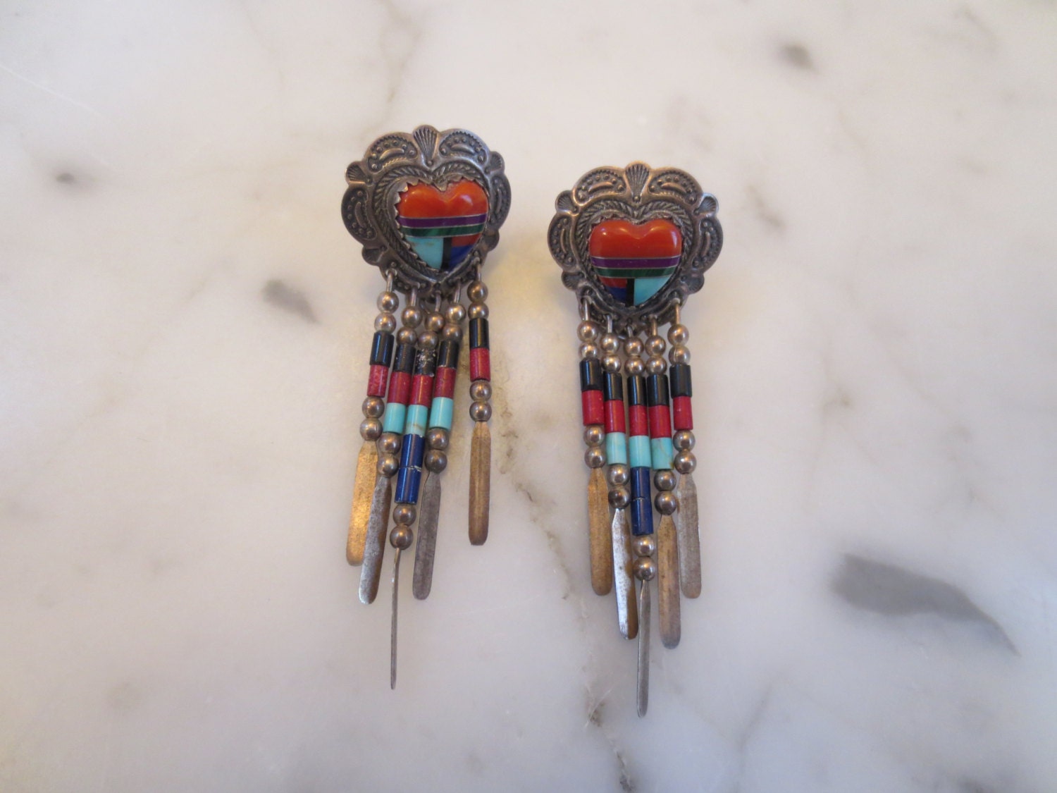 Vintage Sterling Silver Turquoise Multi Colored Earrings Heart Shape